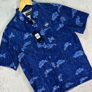 Chaps Mens Fishing Button Shirt Sz M Royal Navy UPF 50+ Fish Print Outdoor NWT
